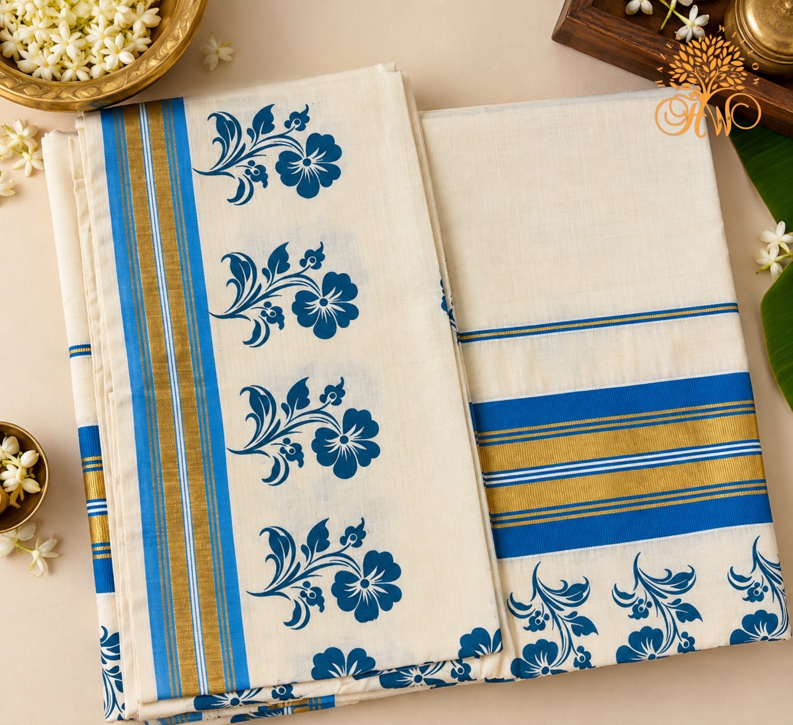 Blue & Gold Floral Kerala Set Saree – Elegant Traditional Wear