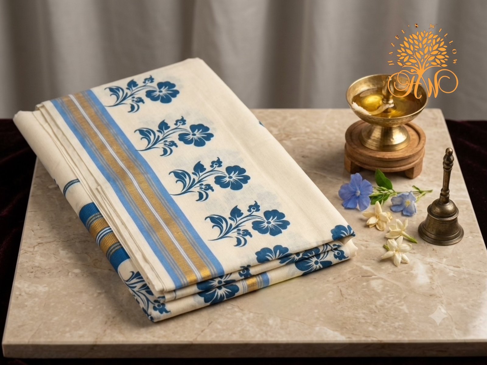 Blue & Gold Floral Kerala Set Saree – Elegant Traditional Wear