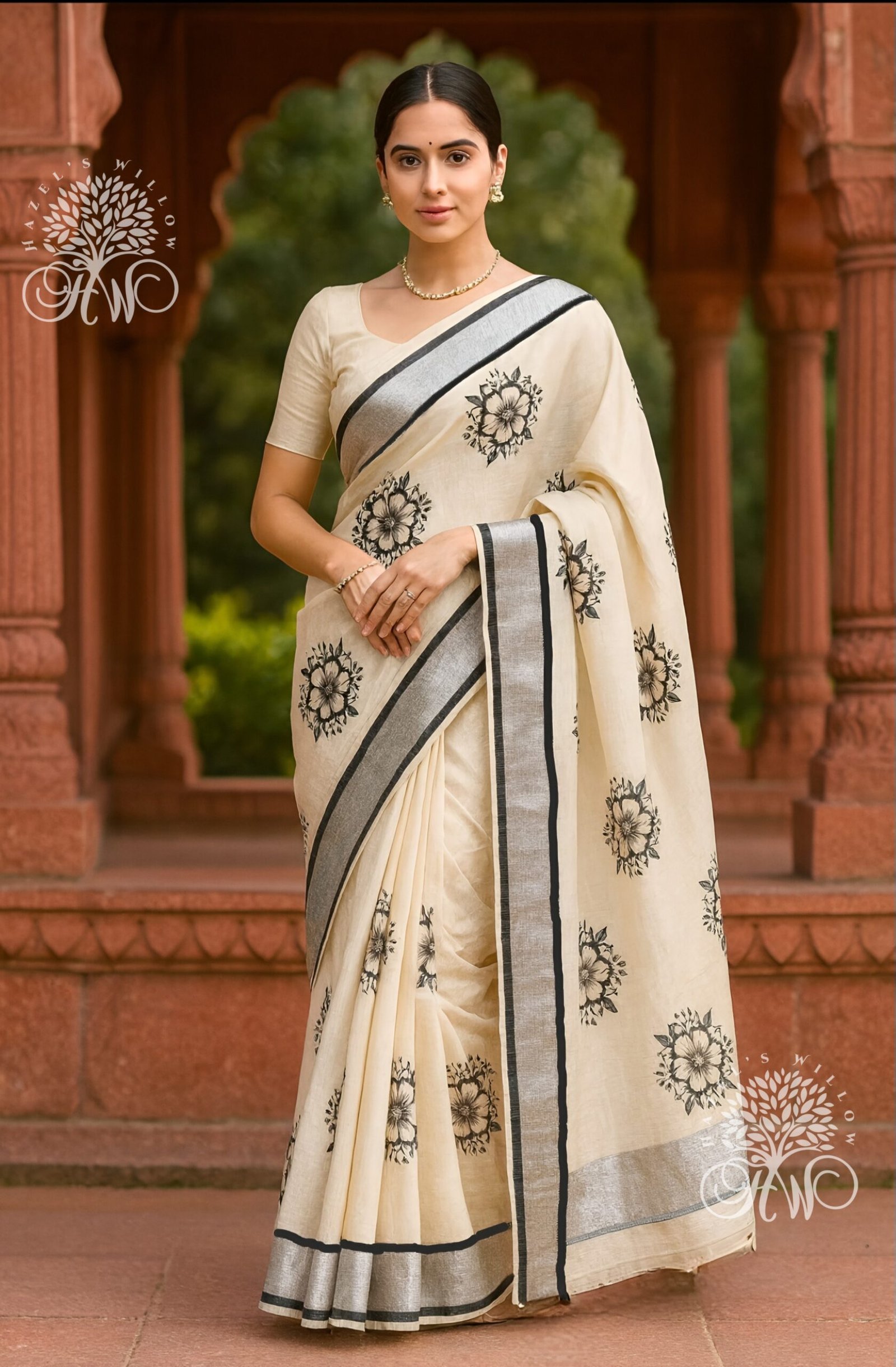 The Monochrome silver and black printed flowers saree